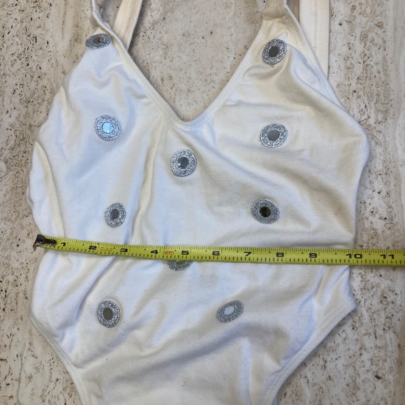 Off-White One Piece Bathing Suit With Round Reflective Embellishments on Front - Picture 5 of 6